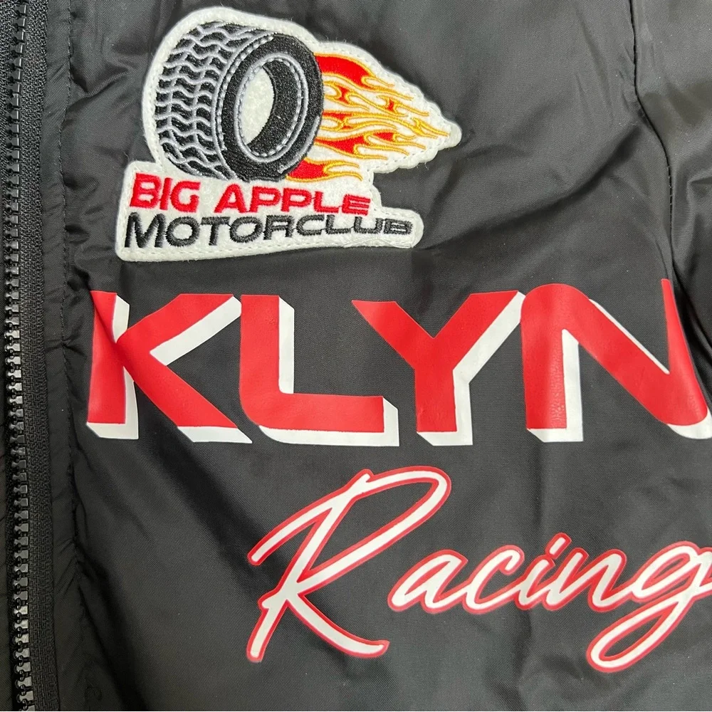 GIRLS Brooklyn Racing Moto Bomber Jacket Puffer‎ Black Red Patches Grunge Sporty